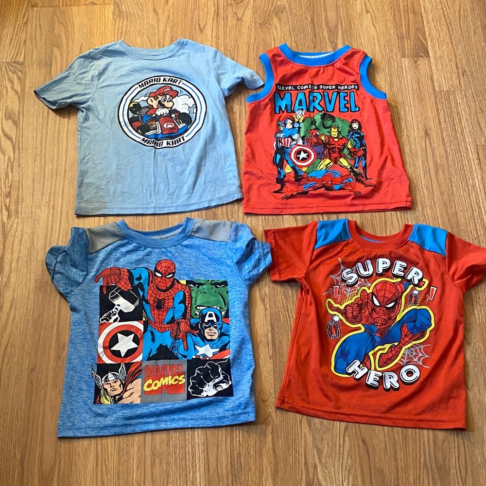 Boys size 4 short sleeve character Tees.  Mario, Marvel and spider man